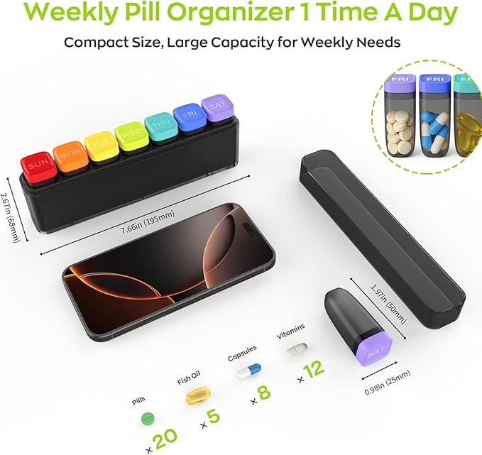 Weekly Pill Organizer 1 Time a Day, HIONXMGA Detachable Travel Pill Box 7 Day, Large Medicine Pill Case Container for Daily Medication Vitamin Supplement Fish Oil, Portable Week Pills Holder, Black