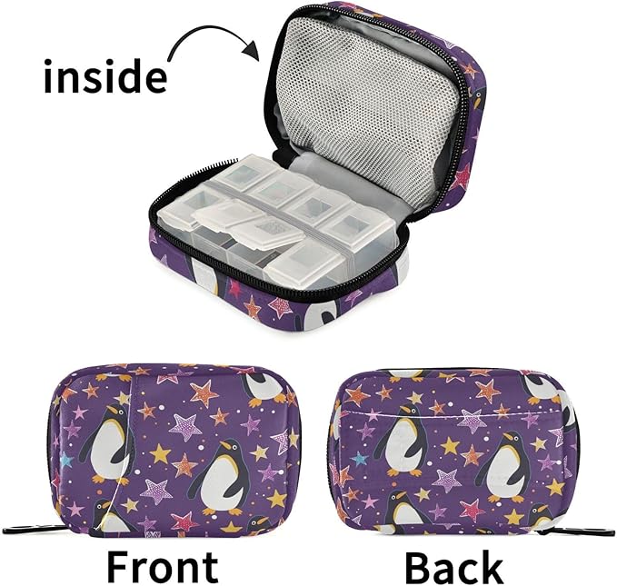 Fustylead Cute Penguin and Colorful Stars on Purple Background Pill Organizer for Purse, Weekly Portable Pill Box with Zipper to Storage Vitamins Fish Oils Medications Supplements