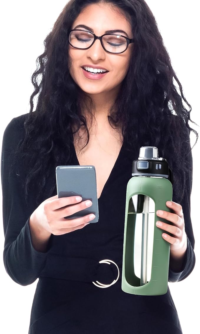 Kodrine Glass Water Bottle 32 oz-Olive/Borosilicate Glass Motivational Water Bottle with Straw and 2 Lids,Silicone Sleeve,Time Marker,Dishwasher Safe and BPA Free for Travel,Sports