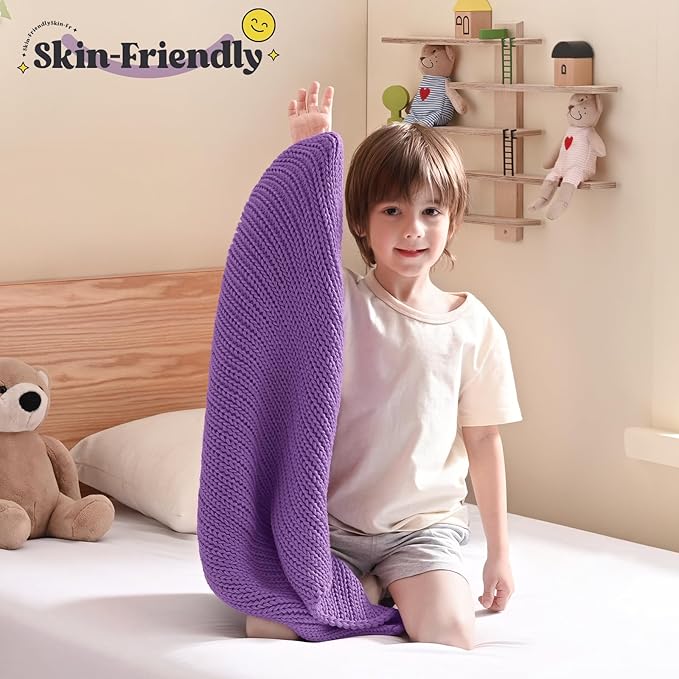 Guohaoi Knitted Weighted Lap Pad (Purple 20"x30" 2lbs) No Beads Cooling Weighted Blanket Kids for Nap, Breathable Chunky Knit Blanket, Small Throw Blanket for Travel Indoor Outdoor
