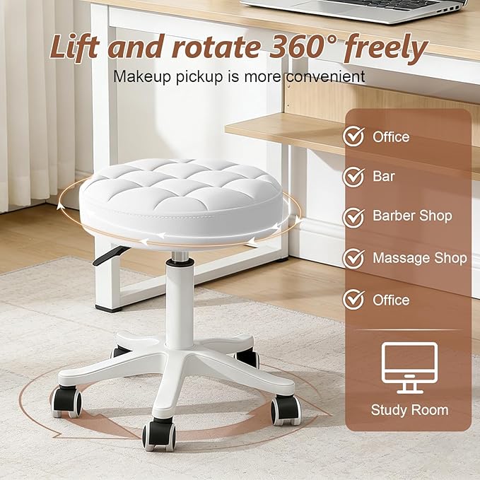 Small Rolling Stool with Wheels, PU Leather Height Adjustable Vanity Work Task Stool, 360 Swivel, Padded Seat Cushion,for Salon, Home, Office