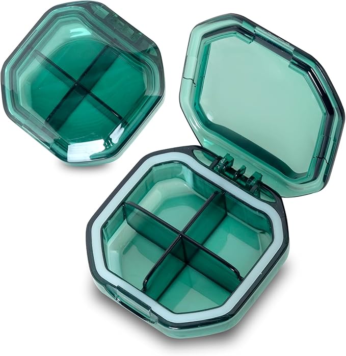Daily Pill Organizer, 2 Pack 4 Compartments Small Pill Box Portable Pill Case, Travel Pill Organizer for Purse Pocket to Hold Vitamins, Cod Liver Oil, Supplements and Medication (Green+Green)