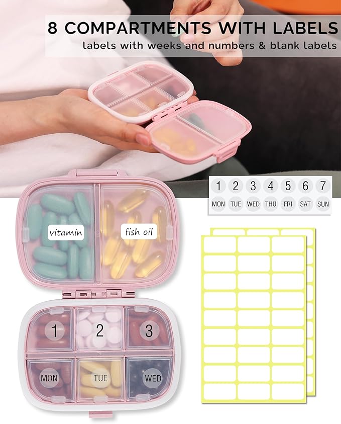 MEACOLIA 3 Pack 8 Compartments Travel Pill Organizer, Daily Pill Case Small Pill Box for Pocket Purse, Portable Pill Container Medicine Vitamin Organizer (Purple, Green, Pink)