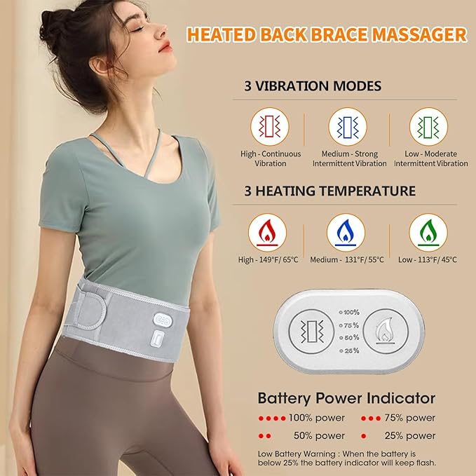 CUEHEAT Heated Waist Belt - Cordless Heating Pad for Lower Back Pain Relief,FSA Eligible HSA, Electrical Heating and Massage, Rechargeable Battery Powered (Gray, Waistline 29-57 inch)