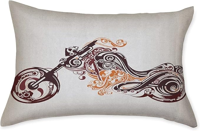 Decorative Bedding Sheet Set Twin XL Size, Manly Deep Pockets Fitted Sheet & 2 Pillow Sham Set, Motorbike Shape with Curvy Lines Floral Ornamental Print Microfiber 3pc Bed Sheets Set