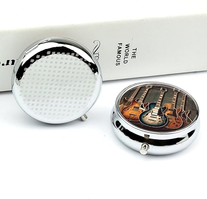 Guitars Art Pill Box 3 Compartment Small, Personalized Pill Organizer with Mirror, Portable Pill Case for Pocket Or Purse, Round Pill Containe Travel Gifts, Pill Holder