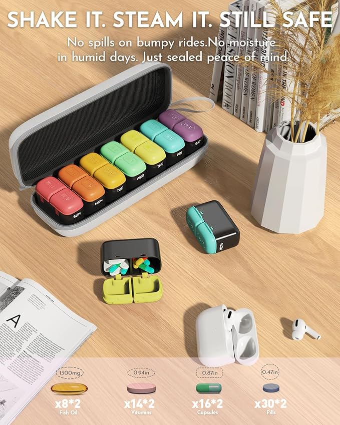 Weekly Pill Organizer, 7 Day Travel Medicine Pill case with Moisture-Proof Silicone Lid, Large AM PM Daily Pill Organizer 2 Times a Day for Vitamins & Supplements, Secure Zipper Pill Box(Rainbow)