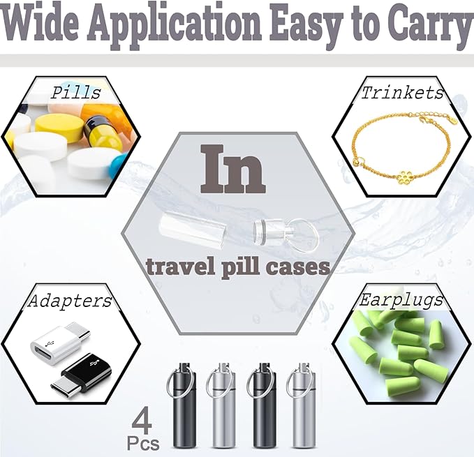 4pcs Metal Pill Case with Keychain - Waterproof Travel Pill Organizer, Portable Medicine Container for Outdoor Camping