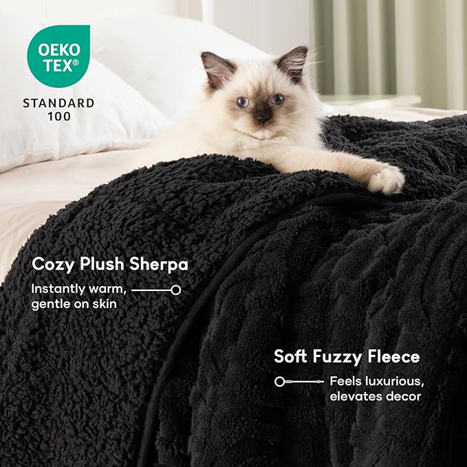 Cottonblue Weighted Blanket for Adults 15 lbs Twin Size, Cozy Fluffy Sherpa Fleece Jacquard Weighted Throw Blankets 48" x 72" for Sleep Relax, Fuzzy Warm Arch Heavy Blanket Soft for Bed Couch, Black