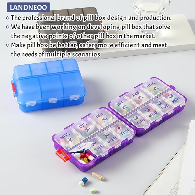 Foldable & Portable Weekly Pill Organizer 2 Times A Day with Etched Labels, Clear Blue + 3 Pack, 14 GRIDS Travel Pill Organizer Box