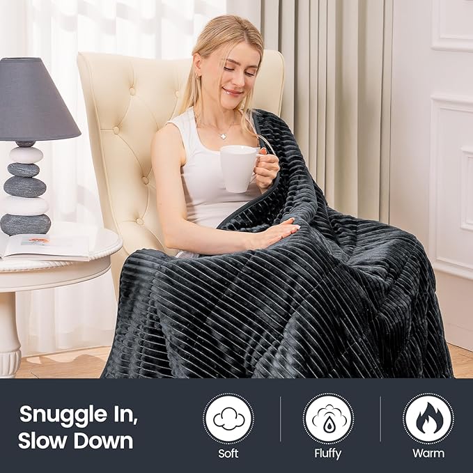 Sherpa Fleece Adult Weighted Blanket with Ribbed Stripes, 15 Pounds Dual Sided Soft Plush Blanket for Couch Bed Sofa, Heavy Thick Blankets with Glass Beads Great for Sleep, Dark Grey, 48" x 72"