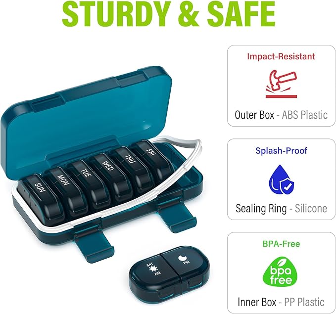 Vikie Weekly Pill Organizer 2 Times a Day with AM PM Sections, BPA-Free, Portable & Moisture-Proof for Pills, Vitamins, Supplements (2x7 Blue)