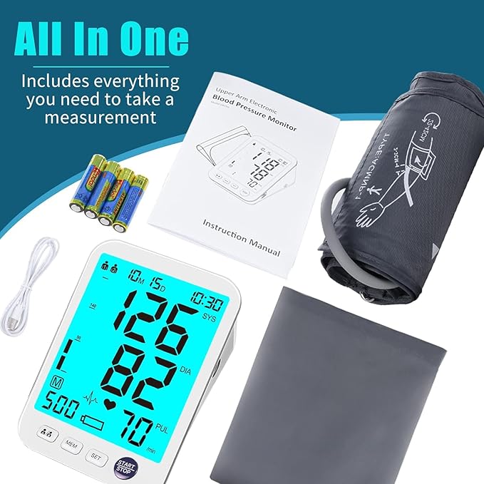 Blood Pressure Monitor Upper Arm Large LED Backlit Screen 1000 Sets Memory Automatic Digital BP Machine Adjustable BP Cuff 4 Batteries