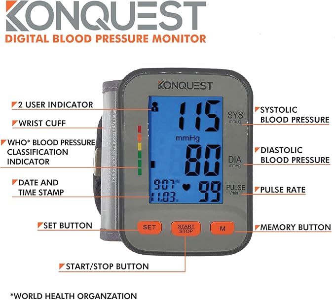 Konquest KBP-2910W Automatic Wrist Blood Pressure Monitor - Accurate - Adjustable Cuff, Large Screen Display - Portable Case - Irregular Heartbeat Detector - Tensiometro