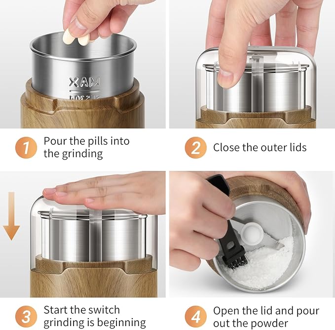 COOL KNIGHT Electric Pill Crusher, 150W 110V Corded Pill Grinder, Tablet Pulverizer for Small and Large Meds and Vitamins, 304 Stainless Steel Cup and Blades, Lid Seal to Reduce Mess, M150H