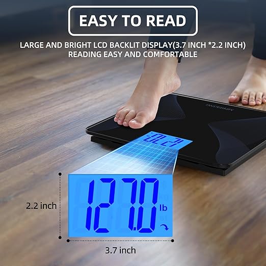 Scale for Body Weight 560lbs MPBEKING High Capacity Bathroom Scales Extra Large Platform Accurate Weighing Scale LCD Backlit Display with Tape Measure & 4 AAA Batteries (Black)