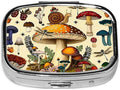 ABLESKY Pill Box, 2 Compartment Pill Organizer Case for Pocket or Purse, Small Portable Metal Travel Medicine Box with Mirror, Daily Vitamins Fish Oil Container-Vintage Snail Fantastic Mushroom