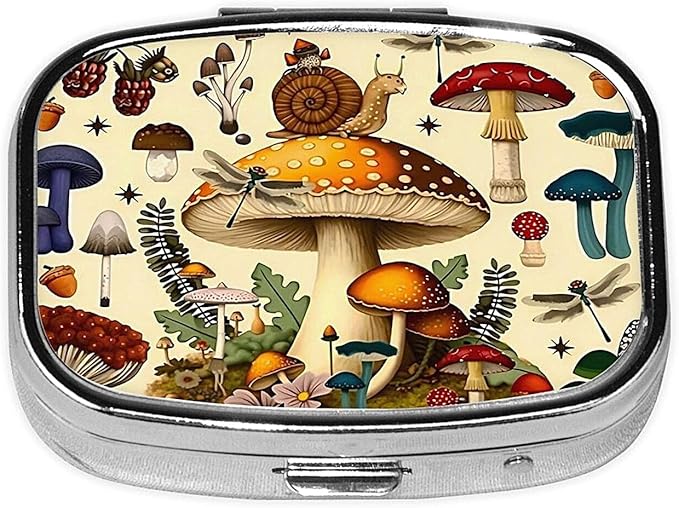 ABLESKY Pill Box, 2 Compartment Pill Organizer Case for Pocket or Purse, Small Portable Metal Travel Medicine Box with Mirror, Daily Vitamins Fish Oil Container-Vintage Snail Fantastic Mushroom