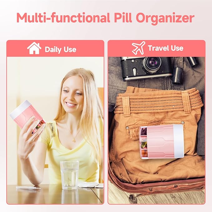 Daviky Pill Bottle Organizer, Supplement Organizer with 7 Large Compartments, Travel Pill Dispenser Round Pill Box with Two Lids（Pink+White）