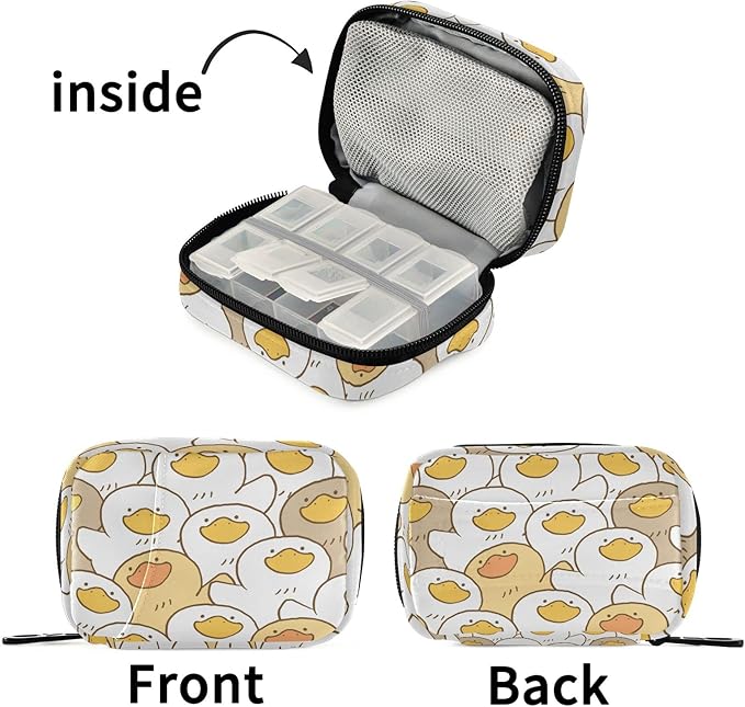 Fustylead Cute Cartoon Duck Travel Pill Organizer Case Zipper for Purse with Removable Weekly Pill Box for Medicine, Vitamin, Supplement Medicine Organizer