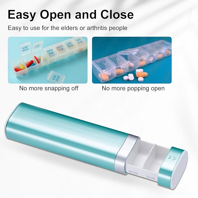 Betife Travel Pill Organizer Weekly 7 Day, Compact Daily Pill Box, Portable Medicine Case, Cute Pill Holder for Vitamins Supplements, Drawer-Shaped Pills Organizer (Green)