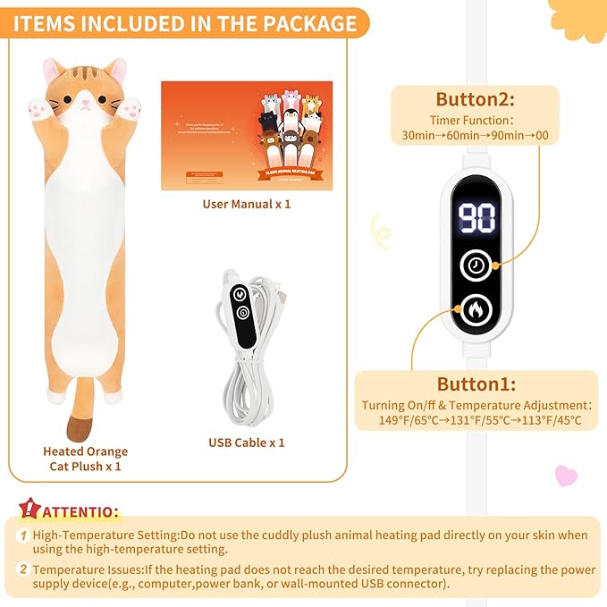 Cat Heating Pad-USB Heated Plush Stuffed Animals for Period Cramps and Menstrual Pain Relief,22” Portable Electric Kitten Heating Pads,Soft Built-Pocket Plush Women Girls Birthday,Orange
