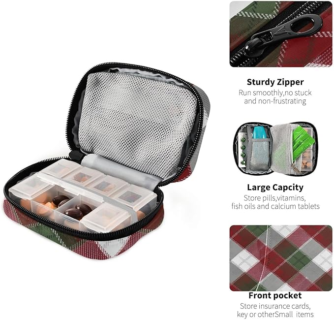 Christmas Plaid Pattern Red Travel Pill Organizer Case Box Container Weekly Portable Vitamin Medicine Holder Storage Bag with Zipper Removable