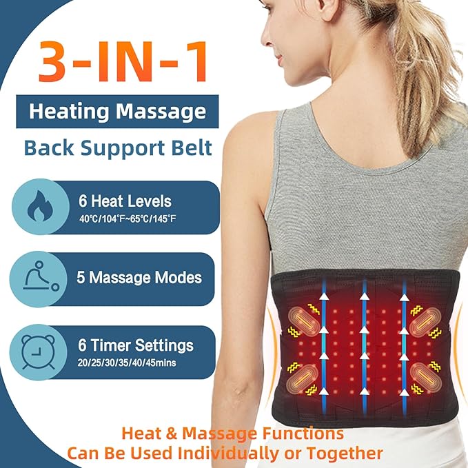 HONGJING Red Light Massage Back Brace with Heat for Lower Back Pain Relief, Cordless Back Support Massager Belt Rechargeable for Pain from Herniated Disc, Scoliosis, Sciatica (L)
