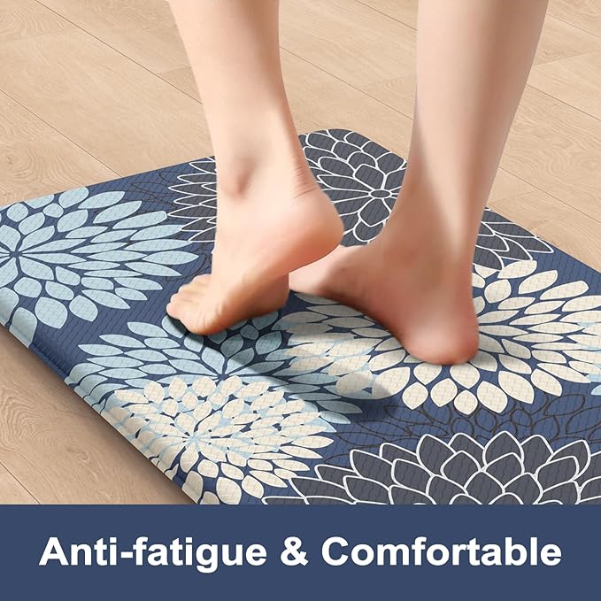 Anti Fatigue Kitchen Mats 2PCS,Boho Dahlia Kitchen Rugs Non Slip Rubber Backing,Farmhouse Waterproof Kitchen Mat for Floor,Cushioned Standing Mat for Kitchen,Sink,Desk,Mutil-Blue