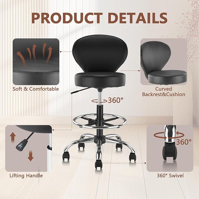 Leather Drafting Stool Chair Padded Seat 360° Swivel Rolling Stools Adjustable Height with Ergonomic Backrest and Footrest, Tall Office Chair for Standing Desk, Studio, Labs, Black, 2 Pack