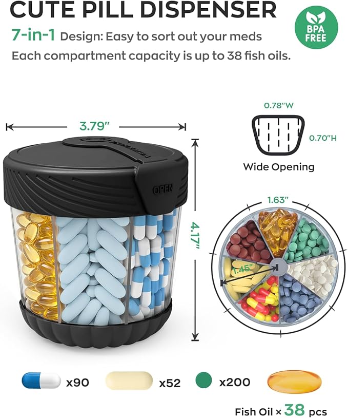 Large Pill Dispenser, Portable Pill Bottle Organizer for 7 Vitamins, Anti-Mix Supplement Organizer with Easy Twist Wide Opening, BPA-Free Pill Container, 20 Pcs Labels Included, Black
