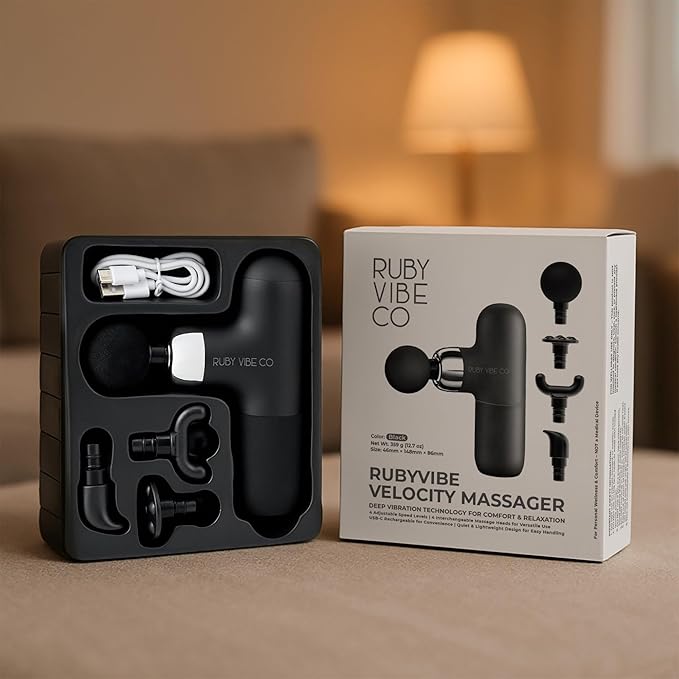 RUBY VIBE CO Velocity Massage Gun, Deep Tissue Percussion, Muscle, USB-C Rechargeable, Plastic, Black, 4 Speed Levels, Handheld Massager, 1.8"x5.8"x3.4",12.7 oz