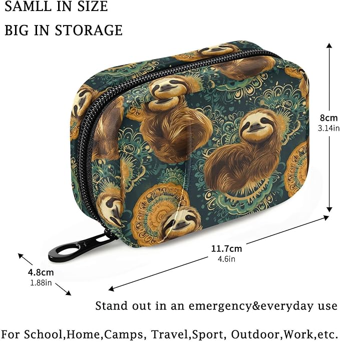 Fustylead Retro Cute Sloths on Green Mandala Background Travel Pill Organizer Case Zipper for Purse with Removable Weekly Pill Box for Medicine, Vitamin, Supplement Medicine Organizer