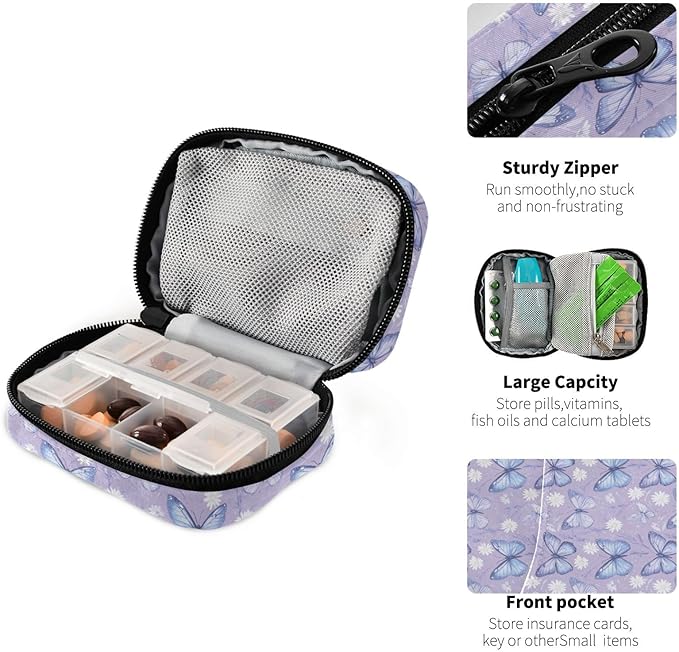 Purple Butterfly Floral Medication Organizer Bag Travel Size Full-Print Zippered Pill Case with Compartments for Handbags Backpacks & More
