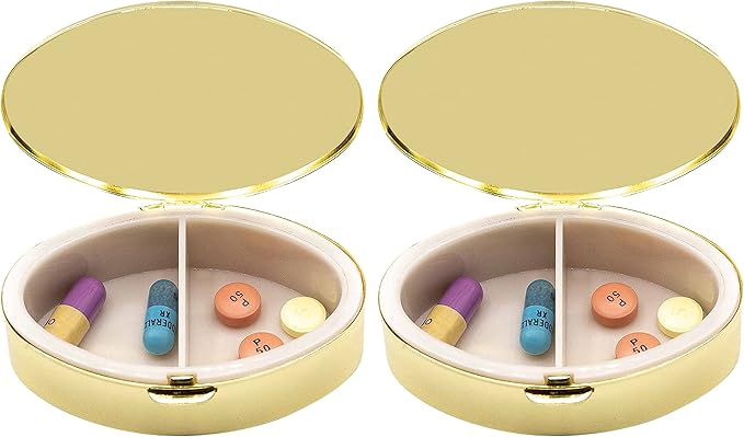 Set of 2 Oval-Shaped Pocket Purse Pill Box & Organizer with Dual Compartments (Gold Drops)