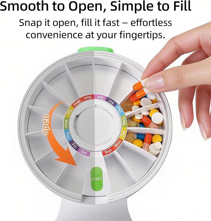 Weekly Pill Dispenser, 14 Compartment Pill Organizer with One-Press Button, Wall Mount or Countertop Medicine Dispenser with Cup, Easy Medication & Vitamin Organizer for Seniors (Green)