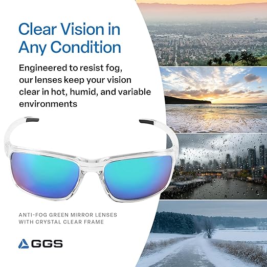 Bullhead Safety Eyewear Pompano Glasses - Anti-Fog, Lightweight, Impact/Scratch Resistant, UV Blocking Sunglasses for Cycling, Fishing, Driving, Green Mirror/Clear