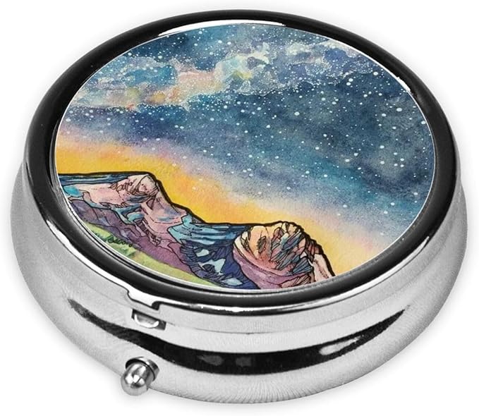 Metal Silver 3 Compartment Pill Box Pocket Portable Mini Travel Pill Case Small Round Decorative Medicine Box Vitamin Pill Organizer with Starry Sky Mountain