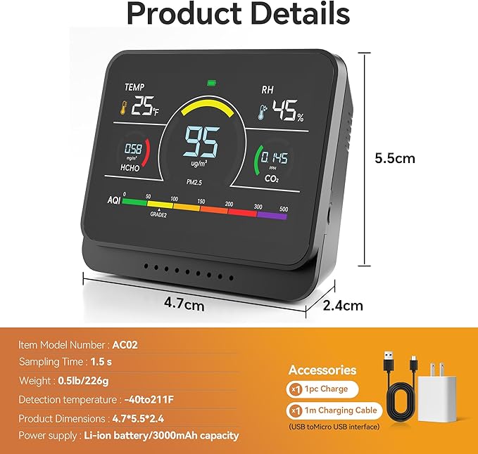 13 in 1 Portable Air Quality Monitor Indoor for Home, Car and Office Air Quality Tester for 6AQI,HCHO, PM2.5, PM1.0, PM10, CO2 Detector Air Quality Meter with Temperature, Humidity (Black)