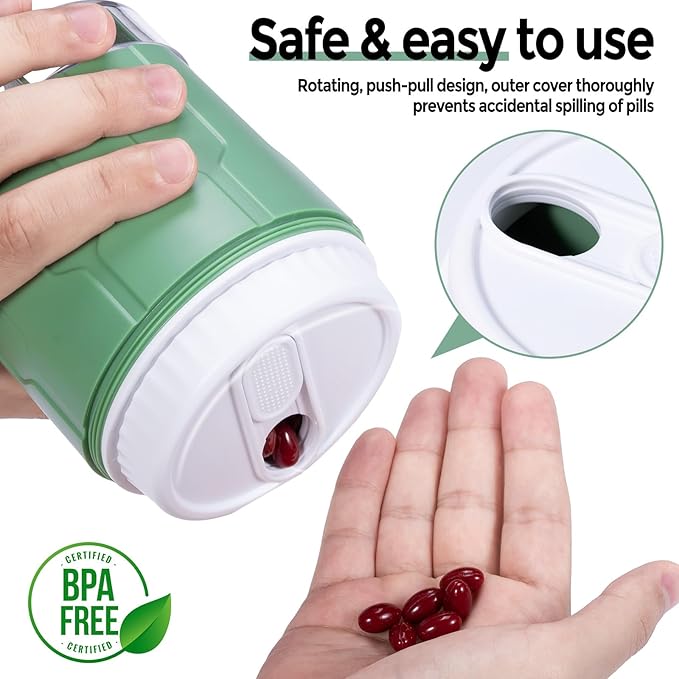 Betife Extra Large Supplement Organizer,Weekly Pill Organizer Bottle, Daily Pill Dispenser with 7 Large Compartments, Organizer to Hold 7 Day Vitamin Medication,21 Labels and a Cleaning Brush（Green）