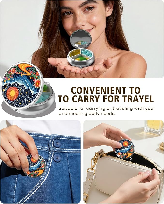 LRITER Pill Case, Portable Travel Pill Box, Pillbox Organizer, Cute Small Medicine Storage Container, Purse Accessories for Women, Men (Sunrise)