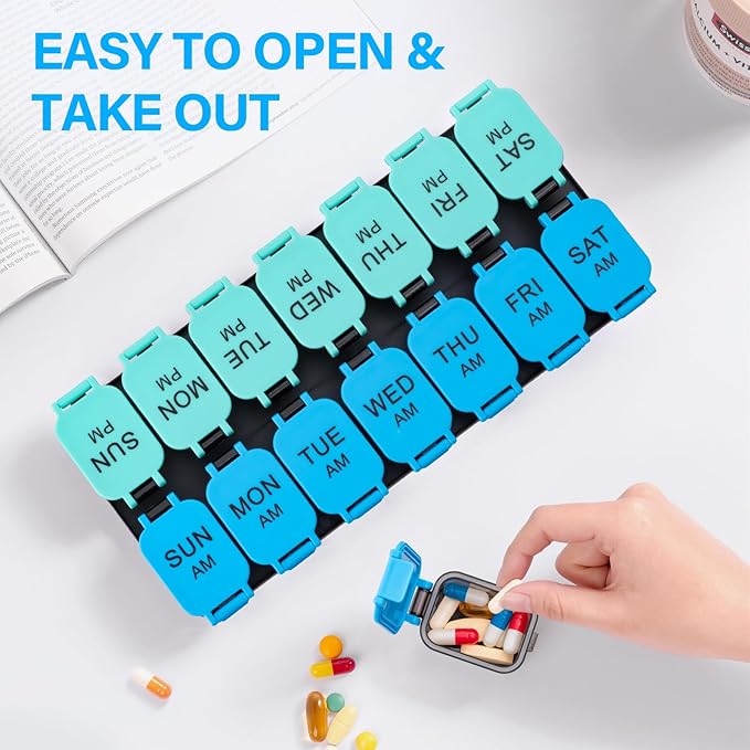 Large 7 Day Pill Organizer, XL AM PM Twice a Day Medicine Storage Box, Big 2 Week Pill Holder for Pills, Vitamins & Supplements, Travel Pill Case for Medication（Blue+Cyan）