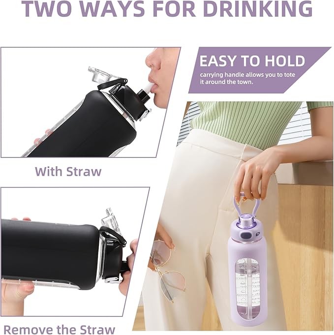 SIEROZUR 32 oz Glass Water Bottle with Straw and Handle 1 Liter Glass Water Bottle with Silicone Sleeve and Time Marker Sports Water Jug Wide Mouth for Travel Gym