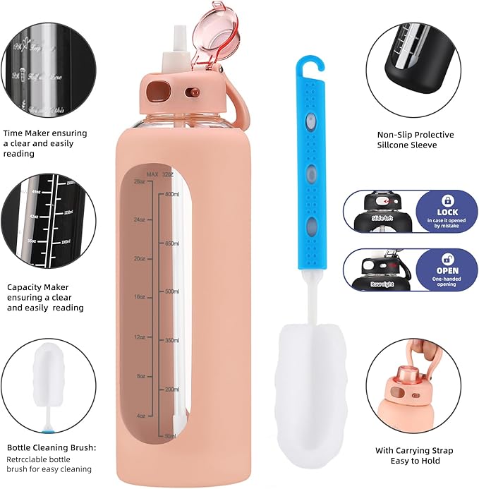 SIEROZUR 32 oz Glass Water Bottle with Straw and Handle 1 Liter Glass Water Bottle with Silicone Sleeve and Time Marker Sports Water Jug Wide Mouth for Travel Gym