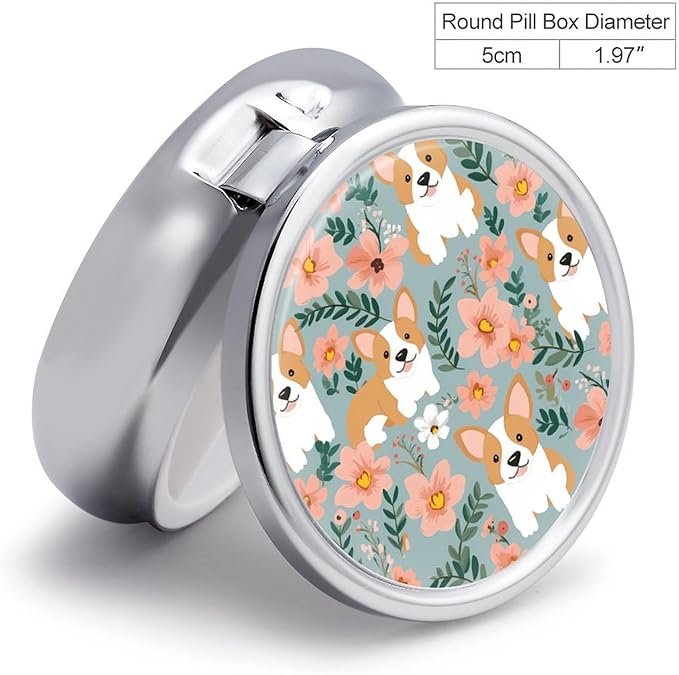 Corgi Floral Flowers Spring Garden Pill Box Travel Pill Case for Purse Pocket Weekly Medicine Organizer with Mirror 3 Compartment Round Medicine Case Portable PillcaseHolder for Daily