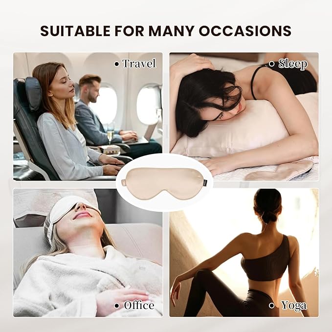 THXSILK Sleep Mask 100% 25 Momme Pure Mulberry Silk Super Smooth Cooling Sleep Eye Mask Blackout for Women/Man/Kids, Eye Cover with Wide Head Strap for Good Night Sleep, Champagne