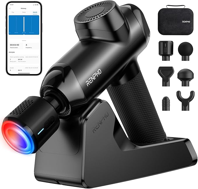 RENPHO Power+ Thermacool Deluxe Massage Gun with Heat and Cold, 12mm Amplitude Deep Tissue Percussion Massager with Charging Stand, App Controlled Guided Course, 6 Speeds, 6 Attachments, Carry Case