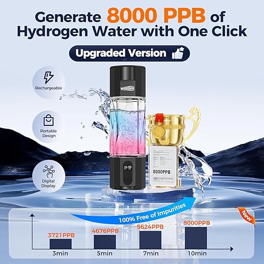Hydrogen Water Bottle Generator, 8000PPB Ultra Hydrogen Water Ionizer Generator -Upgrade SPE & PEM Tech, 7OZ Portable High Concentration Hydrogen Rich Water Machine, Food-Grade PC Black
