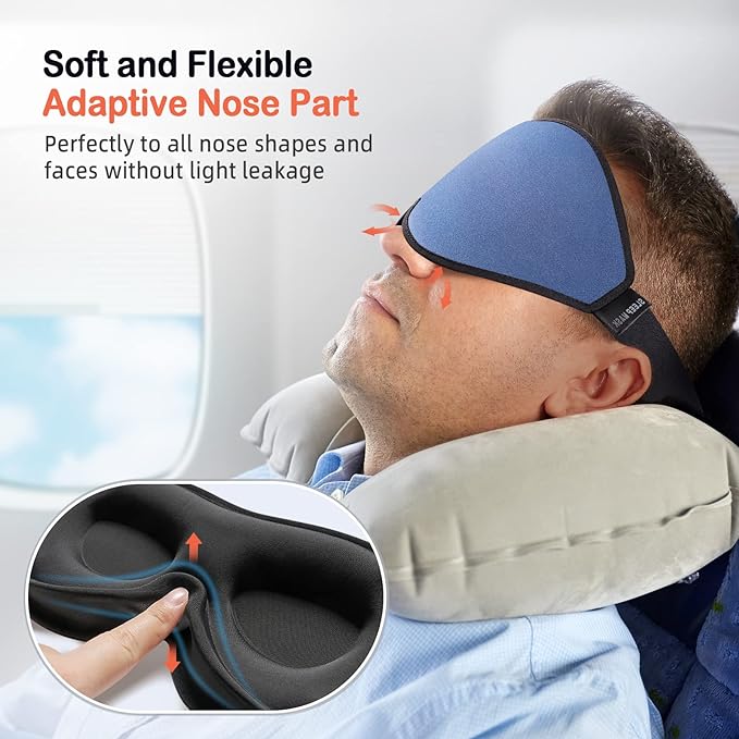 Sleep Mask (Black) + Eye Mask Sleeping (Blue) for Women Men Side Sleeper, Light Blocking 3D Contoured Cup Sleeping Mask, Soft Breathable Sleep Eye Mask with Adjustable Elastic Strap