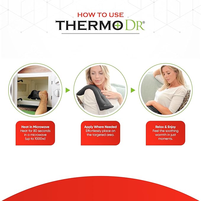 Microwavable Heating Pad for Neck, Back & Shoulders - Heating Bean Bag Microwavable Pillow w/Elasticated Strap - Wheat & Lavender Aromatherapy Heating Pad Wrap - ThermoDR, Black